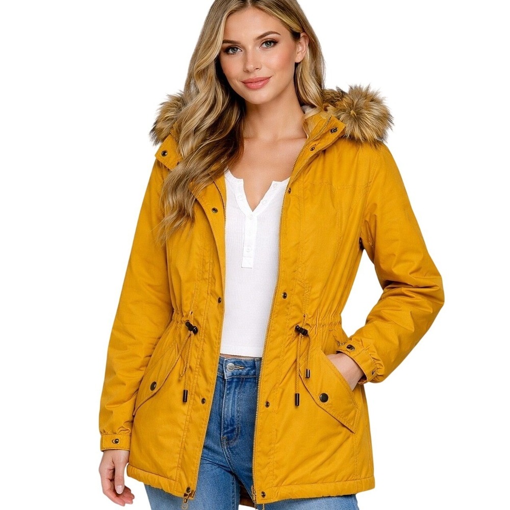 Love Tree Parka Jacket Womens Small Mustard Yellow Sherpa‎ Lined Faux Fur Hood